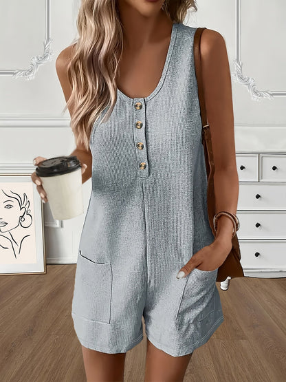 Women's Casual Jumpsuit Button Front Romper With Pockets - Sleeveless V-Neck Solid Color One Piece Playsuit for Summer | Sizes S-XL | Navy Pink Burgundy
