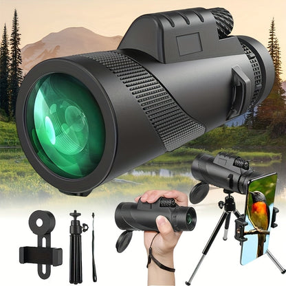 Monoculaire HD 10x42 avec adaptateur pour téléphone et trépied – Longue-vue compacte à lentilles FMC pour l'observation des oiseaux, la faune, la randonnée, le camping, les concerts et le sport – Noir et vert, cadeau de Noël