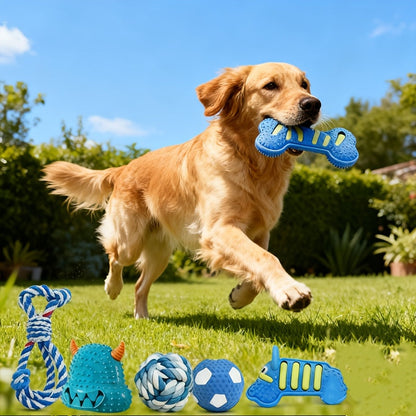 Ensemble de 7 jouets à mâcher pour petit chien, série bleue – Jouets pour animaux durables et résistants, assortiment de jouets grinçants et texturés pour les dents, l'ennui et le jeu interactif, styles aléatoires