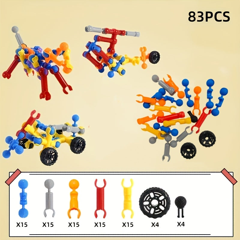 Ensemble de construction STEM de 83 pièces pour garçons et filles – Jeu de construction éducatif et créatif avec couleurs aléatoires – Kit d'ingénierie amusant – Cadeau d'anniversaire et de Noël pour enfants de 3 à 10 ans