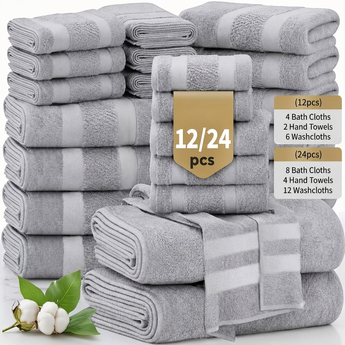Ensemble de 12 ou 24 débarbouillettes en coton – Qualité hôtel, très absorbantes et à séchage rapide pour salle de bain, spa, salle de sport et maison, gris foncé, bleu, blanc, violet, orange