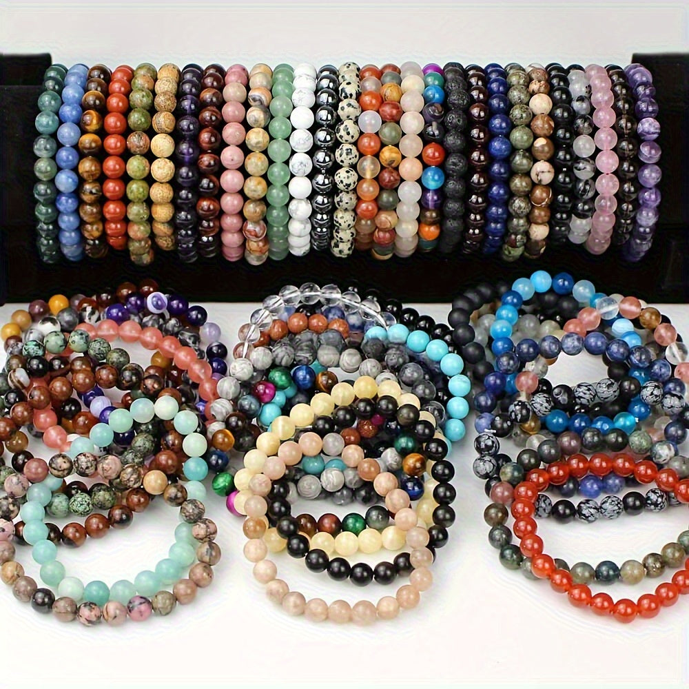 Lot de 20 bracelets de perles en pierre naturelle colorée – Bracelet élastique fait main, mélange de couleurs aléatoire, style bohème vintage, bijoux empilables unisexe pour femmes et hommes