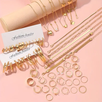 Ensemble de 57 bijoux bohèmes pour femme - Bracelets, bagues, bracelets de cheville, boucles d'oreilles et colliers, accessoires élégants en superposition dorés et argentés pour le quotidien, les vacances, la plage, les festivals et comme cadeau
