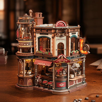 ROBOTIME 3D Wooden Puzzle Dream Coffee Factory Model with Mechanical Moving Parts, LED Lighting & Music - Wood Desk Decor Building Kit, Creative Gift for Hobbyists, Adults & Office Display