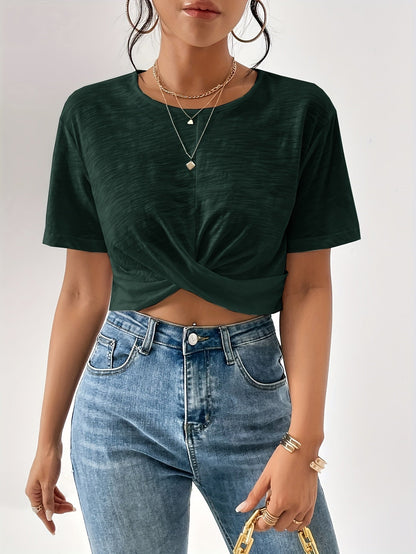 Women's Twist Front Crop Top Short Sleeve T-Shirt Solid Color Casual Summer Tops Cute Streetwear XS-XXL 8 Colors