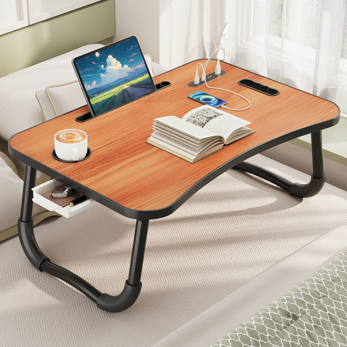 Plateau de lit pour ordinateur portable et repas – Grand plateau de petit-déjeuner avec porte-gobelet et tiroir pour canapé, sol, étude, lecture et écriture, table d'appoint portable