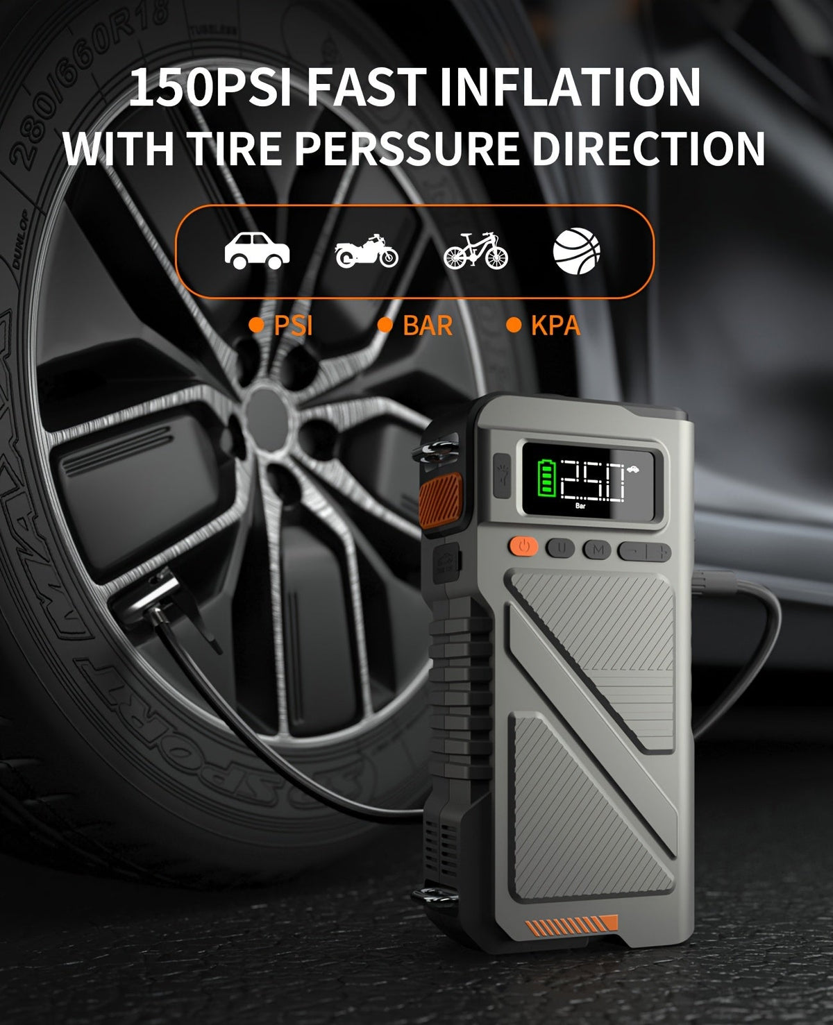 Démarreur portable 6000 A/9000 A avec compresseur d'air 150 PSI – Boîtier de démarrage 7-en-1 avec gonfleur de pneus numérique et batterie externe pour moteurs à essence (10 L) et diesel (9,0 L), démarreur de voiture avec ports USB