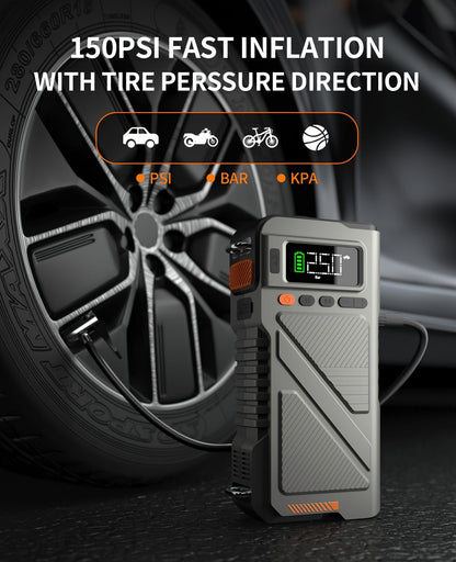 Démarreur portable 6000 A/9000 A avec compresseur d'air 150 PSI – Boîtier de démarrage 7-en-1 avec gonfleur de pneus numérique et batterie externe pour moteurs à essence (10 L) et diesel (9,0 L), démarreur de voiture avec ports USB
