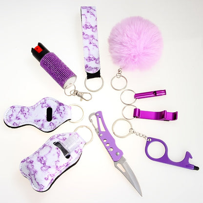 Kit de porte-clés de sécurité personnelle pour femmes avec sifflet, couteau de poche et spray, accessoires d'autodéfense compacts pour les sorties quotidiennes, cadeau d'anniversaire ou de fête, 6 couleurs