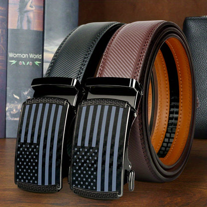 Lot de 2 ceintures à cliquet en cuir refendu pour homme – Motif drapeau américain avec boucle automatique en alliage, ceintures réglables style golf et décontracté en noir et marron, tailles 110 cm à 130 cm (tour de taille 76 cm-112 cm)