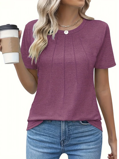 T-shirt décontracté pour femme, couleur unie, col rond, manches courtes, coupe ample et décontractée, micro-extensible, haut d'été léger, lavable en machine, S M L XL XXL