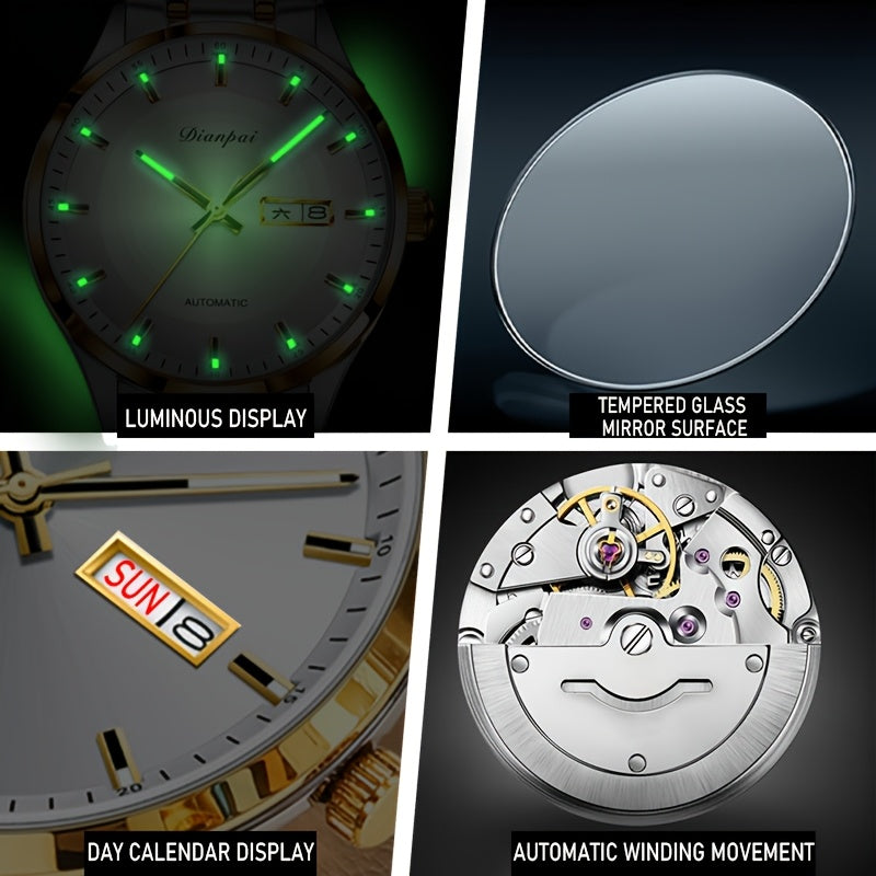 Montre mécanique automatique pour homme – Bracelet fin en acier inoxydable, aiguilles lumineuses, affichage du calendrier, sans pile – Montre de luxe habillée pour le travail, cadeau idéal