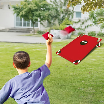 Jeu de cornhole avec 6 sacs de haricots, plateau bicolore et sac de transport pour jardin, fête en plein air, plage, camping, divertissement en intérieur – Coffret cadeau inclus Rouge Bleu