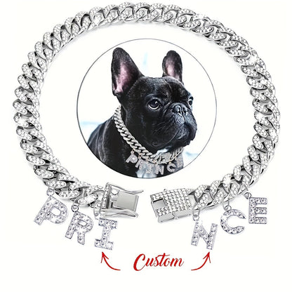 Collier pour chien personnalisé avec pendentif lettre en strass – Collier pour chien à chaîne cubaine étincelante de 13 mm, breloque initiale personnalisée, double fermoir pour petits et moyens chiens, bijou de luxe pour animal de compagnie