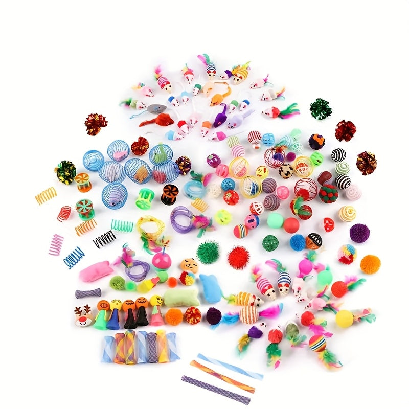 Lot de 100 jouets variés pour chat - Assortiment aléatoire de jouets en plastique et en peluche avec plumes, kit de divertissement interactif pour foyers multi-chats, ensemble de jeu pour chaton
