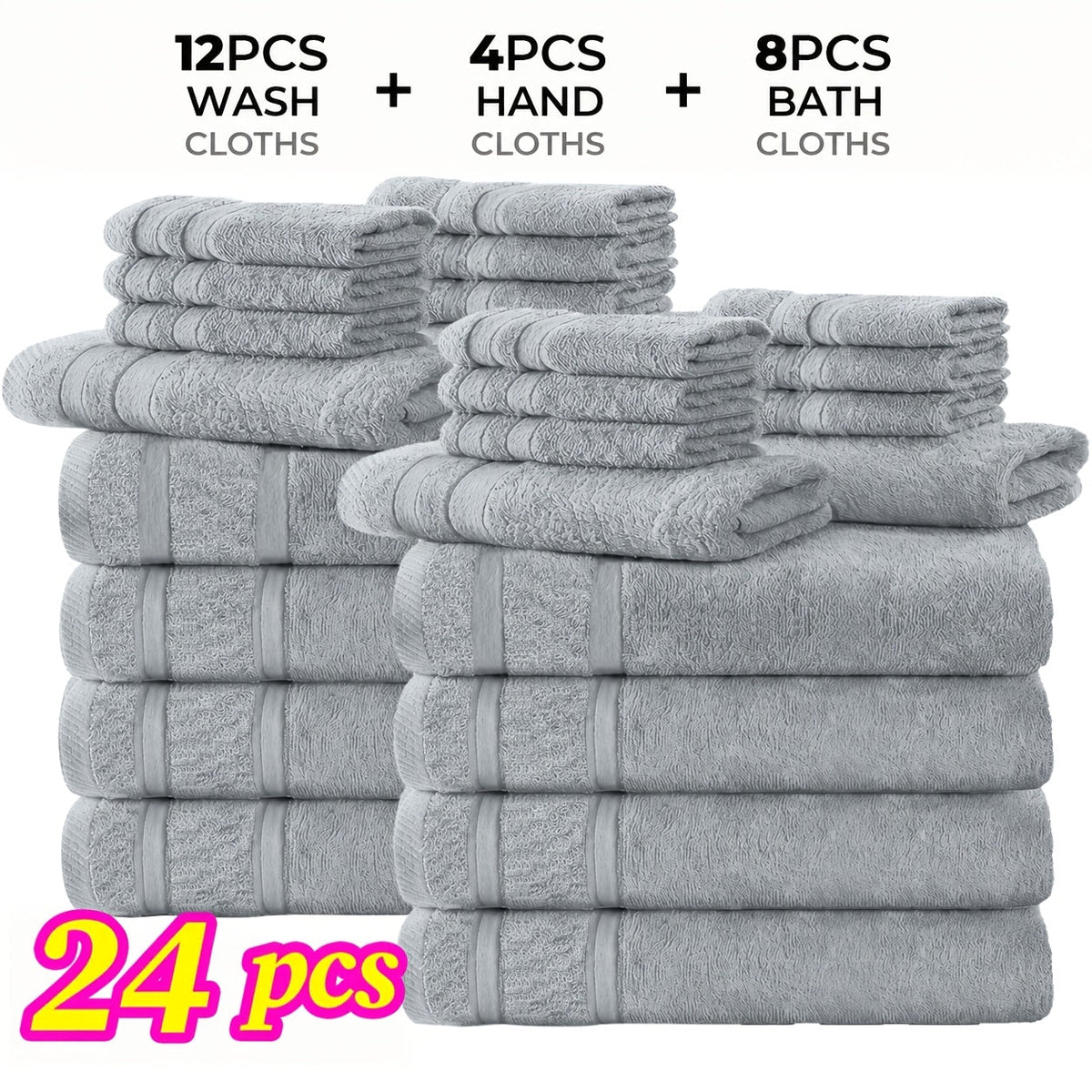 Ensemble de 12 ou 24 débarbouillettes en coton – Qualité hôtel, très absorbantes et à séchage rapide pour salle de bain, spa, salle de sport et maison, gris foncé, bleu, blanc, violet, orange