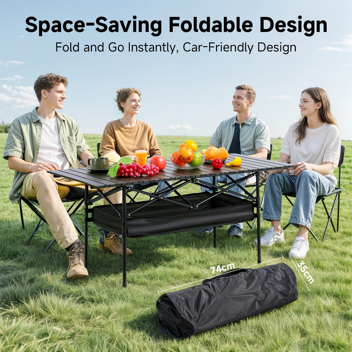 Table de camping pliante portable en aluminium, légère, pour pique-nique en plein air, avec filet de rangement et sac de transport – Hauteur réglable 95 cm, facile à ranger, pour camping, plage, jardin, barbecue, fête et terrasse
