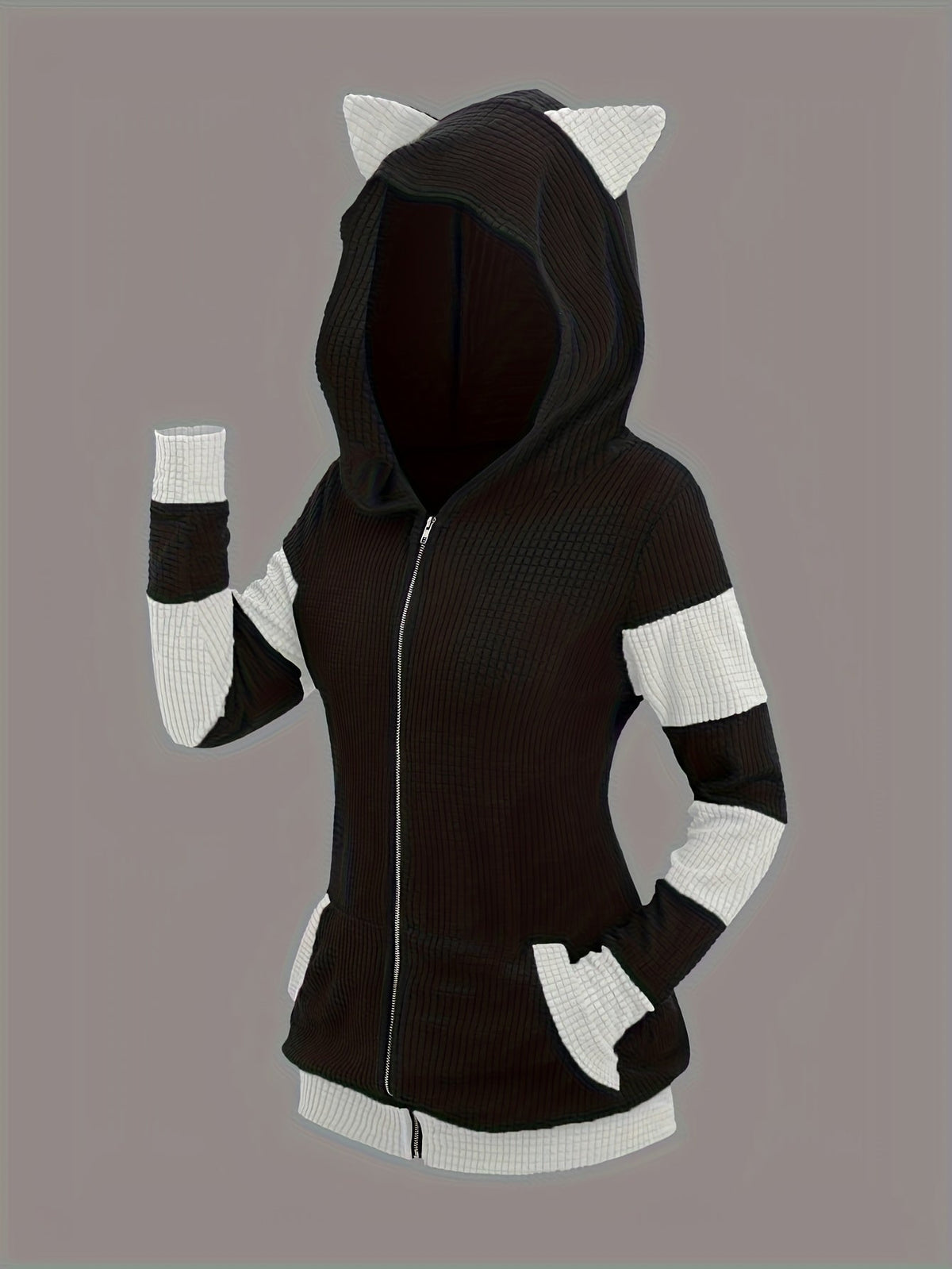 Veste à capuche avec oreilles de chat pour femme, sweat-shirt mi-long à fermeture éclair, style color-block, automne-hiver – Vêtement d'extérieur décontracté, chaud et épais, S-XXL