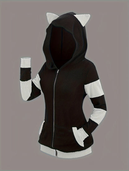 Veste à capuche avec oreilles de chat pour femme, sweat-shirt mi-long à fermeture éclair, style color-block, automne-hiver – Vêtement d'extérieur décontracté, chaud et épais, S-XXL