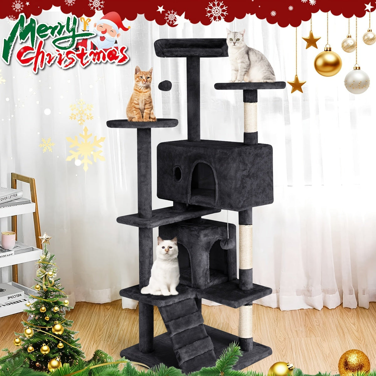 Arbre à chat de 137 cm pour chats d'intérieur – Centre d'activités à plusieurs niveaux avec poteaux à griffer, niche et jouets pour chatons et chats adultes, gris foncé