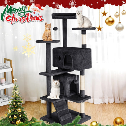 Arbre à chat de 137 cm pour chats d'intérieur – Centre d'activités à plusieurs niveaux avec poteaux à griffer, niche et jouets pour chatons et chats adultes, gris foncé