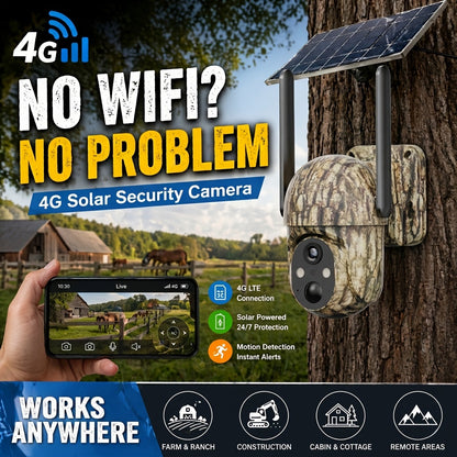 Caméra de surveillance solaire 4G LTE sans fil pour extérieur – Aucune connexion WiFi requise, vision nocturne 4K, vue en direct à 360°, audio bidirectionnel, caméra de chasse étanche pour la surveillance des fermes, ranchs et de la faune