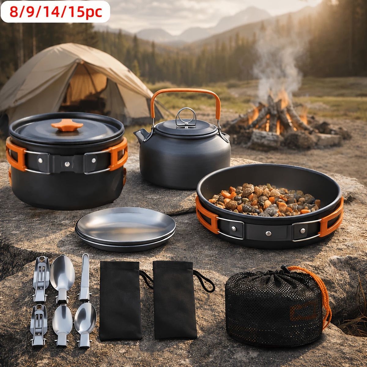 Kit de cuisine de camping 8/9/14/15 pièces, ensemble de cuisson portable antiadhésif en alliage d'aluminium avec bouilloire, casserole, poêle, assiettes et ustensiles, équipement de cuisine léger pour randonnée et voyage