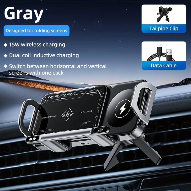 Car Mount with Wireless Fast Charging 15W - Compatible with iPhone 8 to 15 Series, Samsung Galaxy S and Note Series, Fold 5 and Fold 6, Supports Folding Screen Smartphones, USB Powered Dashboard Phone Holder
