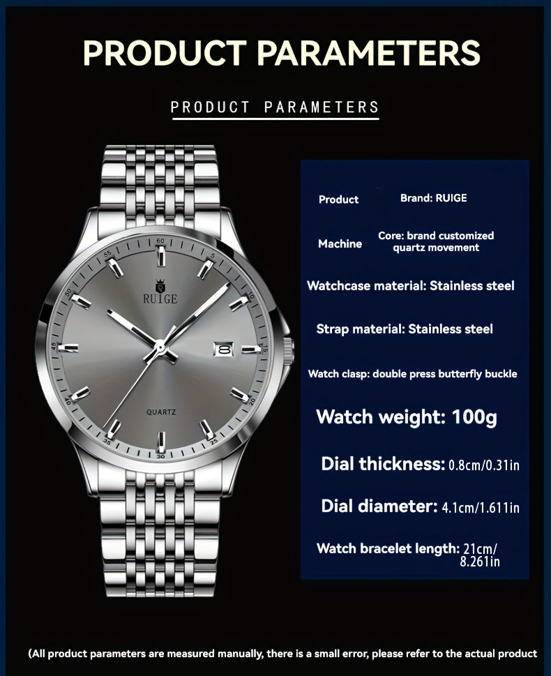 Montre à quartz de luxe pour homme RUIGE en acier inoxydable avec calendrier, fonction nocturne et strass - Montre sport, habillée et décontractée pour homme, cadeau pour lui