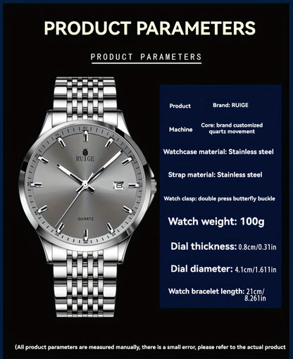 Montre à quartz de luxe pour homme RUIGE en acier inoxydable avec calendrier, fonction nocturne et strass - Montre sport, habillée et décontractée pour homme, cadeau pour lui