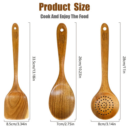 Ensemble d'ustensiles de cuisine en bois 3/5/7 pièces, cuillères, spatules, spurtle, louche et spatule à wok en bois naturel avec poignées ergonomiques, outils de cuisine robustes, résistants à la chaleur et sans danger pour les revêtements antiadhésifs