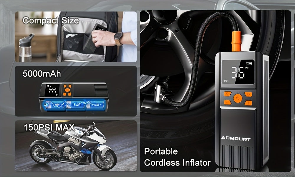 Compresseur d'air portable sans fil 150 PSI – Gonflage 2x plus rapide, manomètre numérique, éclairage LED pour voiture, vélo, moto et ballon, pompe à air automatique rechargeable