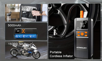 Compresseur d'air portable sans fil 150 PSI – Gonflage 2x plus rapide, manomètre numérique, éclairage LED pour voiture, vélo, moto et ballon, pompe à air automatique rechargeable
