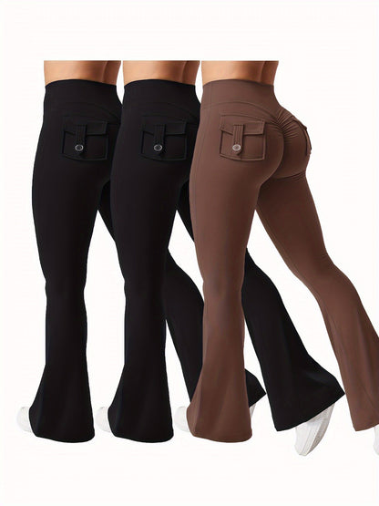 Ensemble 3 pièces pour femme : pantalon de yoga évasé à taille haute avec ceinture et poches, legging galbant effet push-up, squat-proof, 90 % polyester extensible, coupe évasée pour le sport, la gym, la course et le quotidien