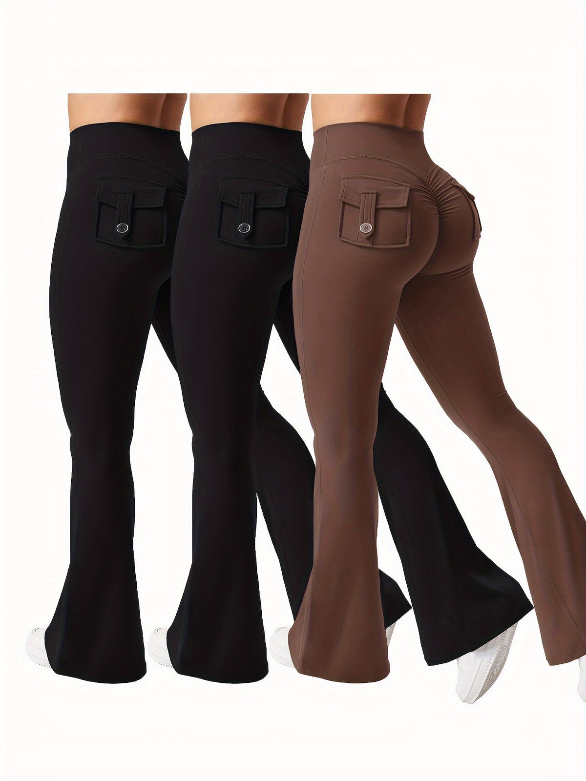 Ensemble 3 pièces pour femme : pantalon de yoga évasé à taille haute avec ceinture et poches, legging galbant effet push-up, squat-proof, 90 % polyester extensible, coupe évasée pour le sport, la gym, la course et le quotidien