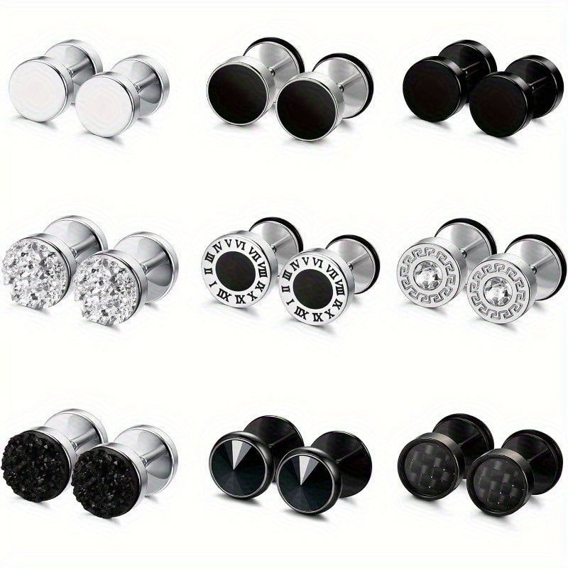 Lot de 16 fausses boucles d'oreilles écarteurs pour hommes et femmes – Clous d'oreilles style plug en acier inoxydable 316L, 8 mm, styles variés noirs et argentés, ensemble de boucles d'oreilles hypoallergéniques, idéal pour un cadeau
