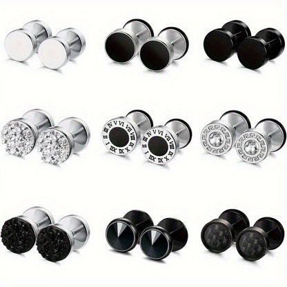 Lot de 16 fausses boucles d'oreilles écarteurs pour hommes et femmes – Clous d'oreilles style plug en acier inoxydable 316L, 8 mm, styles variés noirs et argentés, ensemble de boucles d'oreilles hypoallergéniques, idéal pour un cadeau