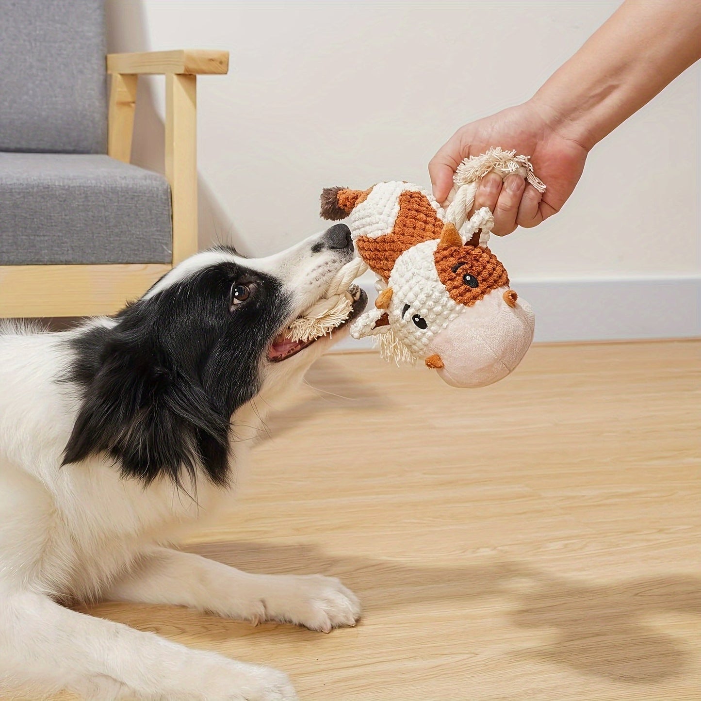 Squeaky Cow Dog Toy Plush Interactive Tug-of-War with Crinkle Paper, IQ Training Chew Toy for Small Medium Large Dogs, No Battery Needed, Anxiety Relief Pet Toy