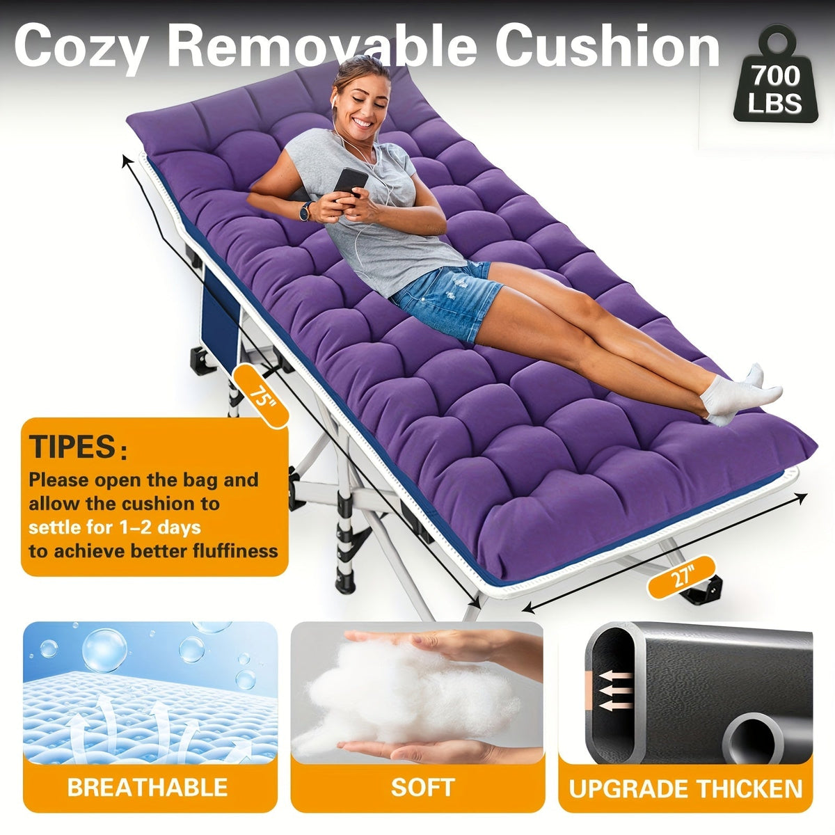 Lit de camp pliant avec matelas 190-200 cm – Lit de camp portable très résistant pour adultes, enfants et adolescents, charge maximale 315-400 kg, pour le camping, la maison, le bureau, la plage, le jardin et la pêche