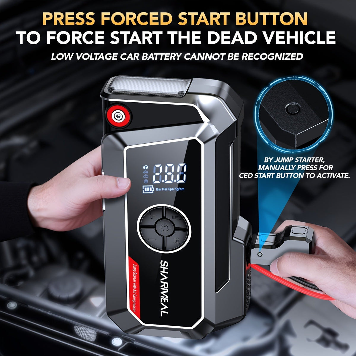 Démarreur de voiture 20000A avec compresseur d'air, batterie externe portable 18-en-1 – Pinces intelligentes, charge rapide, lampe LED, grand écran pour tous moteurs essence et diesel, booster de batterie de voiture d'urgence