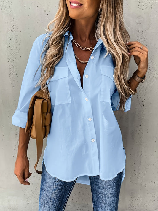 Chemise à manches longues boutonnée de couleur unie pour femme – Chemisier extensible en tissu à col pour le bureau, le travail décontracté et le quotidien