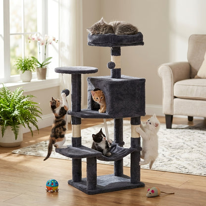 Arbre à chat avec hamac et poteaux à griffer en sisal de 112 cm – Condominium pour chats d'intérieur à plusieurs niveaux avec perchoirs naturels pour grands chats et foyers multi-chats, base stable et robuste, beige, gris, rose, noir
