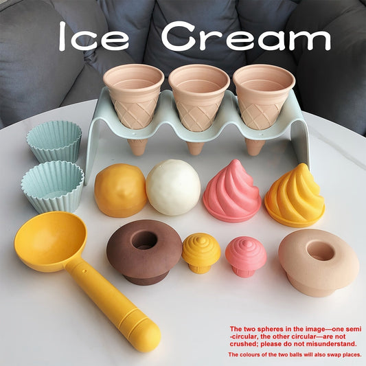 Ensemble de jouets de crème glacée 7 pièces avec outils de creusage de sable, pelle et cône, jouet de simulation pour bac à sable, plage et extérieur pour tout-petits et enfants, cadeau d'été ou souvenir de fête