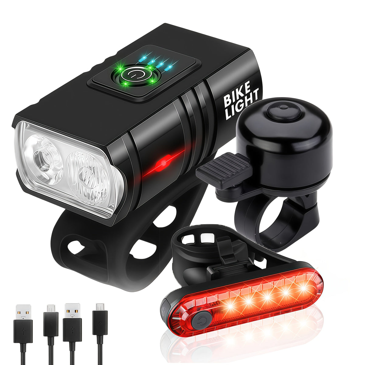 Ensemble d'éclairage de vélo rechargeable par USB ultra-lumineux – Phare avant LED 1200 mAh et feu arrière 330 mAh, 6+4 modes, faisceau large 180°, sonnette de sécurité incluse, pour vélo de route, VTT et cyclisme de nuit