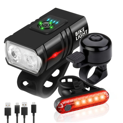 Ensemble d'éclairage de vélo rechargeable par USB ultra-lumineux – Phare avant LED 1200 mAh et feu arrière 330 mAh, 6+4 modes, faisceau large 180°, sonnette de sécurité incluse, pour vélo de route, VTT et cyclisme de nuit