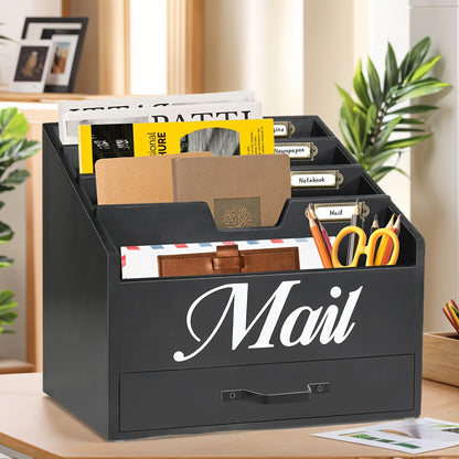 Grand organisateur de courrier de bureau en bois massif avec tiroir, 4 compartiments et séparateurs étiquetables pour dossiers, lettres et papier, organisateur de bureau pour bureau à domicile, étudiants et professionnels
