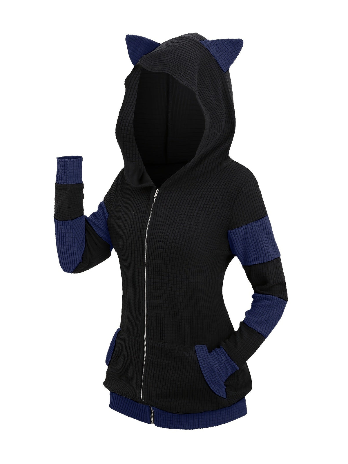 Veste à capuche avec oreilles de chat pour femme, sweat-shirt mi-long à fermeture éclair, style color-block, automne-hiver – Vêtement d'extérieur décontracté, chaud et épais, S-XXL