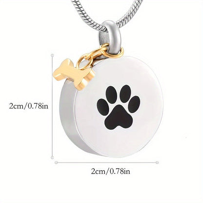 Collier urne avec empreinte de patte pour cendres d'animaux - Pendentif médaillon souvenir rond en acier inoxydable pour le mémorial de chien et chat, bijoux de crémation porte-cendres pour le deuil d'un animal (argenté)
