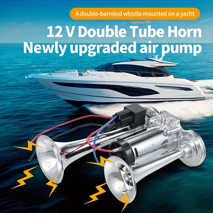 Avertisseur sonore double tube ultra-puissant 130 dB 12 V/24 V – Alliage d'aluminium avec compresseur, installation rapide pour camions, SUV, motos, bateaux et véhicules tout-terrain