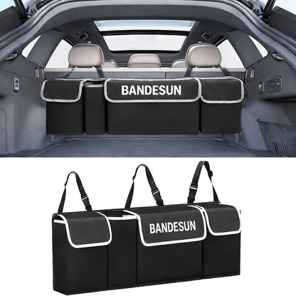Organisateur de coffre de voiture à suspendre au siège arrière avec 4 poches, sac de rangement pliable pour SUV, camion, monospace et fourgon – Organisateur de rangement intérieur noir à poches multiples pour les voyages et l'usage quotidien